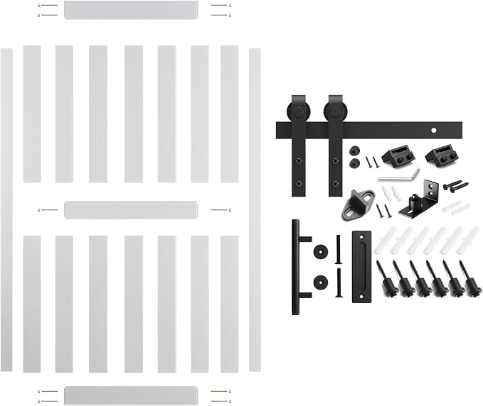 50''x84'' Sliding Barn Door with 8 Ft Barn Door Hardware Kit& Handle& Floor Guides,Pre-Drilled Holes Easy Assembly - Include Installation Manual, Water-Proof PVC Surface, H-Frame, White