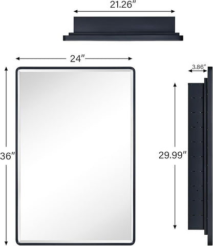 TEHOME Farmhouse Matt Black Recessed Bathroom Medicine Cabinet with Mirror Rounded Rectangle Metal Framed Medicine Cabinet with Beveled Mirror 24x36''