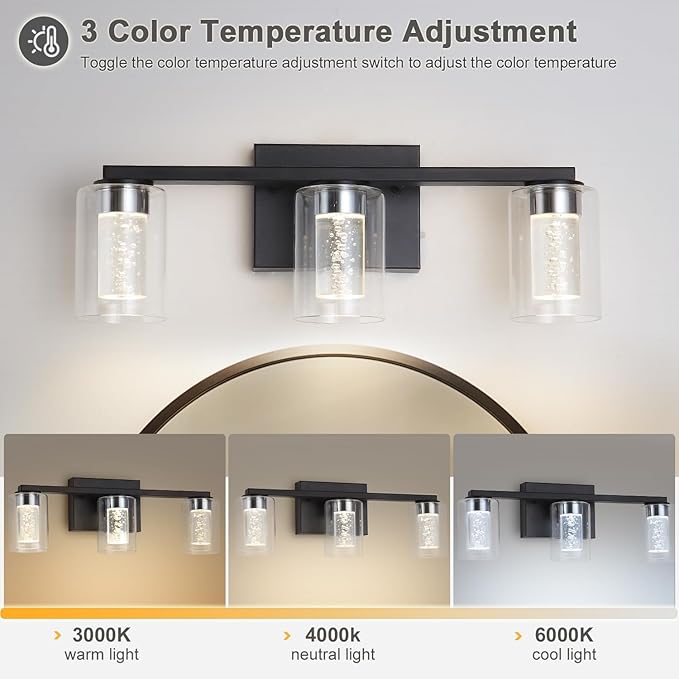 3-Light Bathroom Light Fixtures, Black Modern Vanity Lights with Clear Glass Shade, Bathroom Wall Lamp with Crystal Bubble for Mirror Kitchen Living Room Hallway