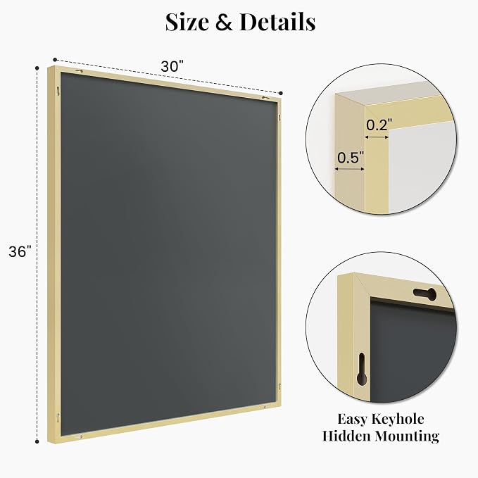 30"x36" Satin Gold Framed Rectangle Bathroom Vanity Wall Mirror | Over-Sink Vanity Mirror, Slim Metal Frame, Entryway or Dresser Use, Vertical/Horizontal Mount, Tempered Glass