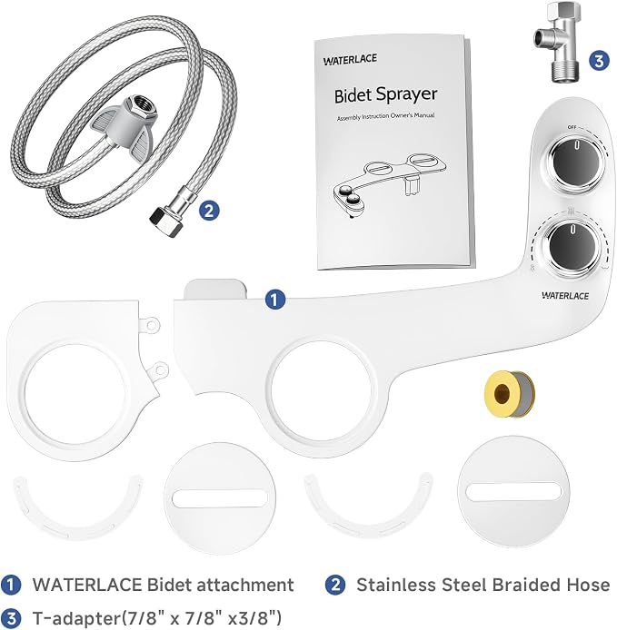 WATERLACE Ultra-Slim Bidet Attachment for Toilet - Dual Nozzle, Rear & Feminine Wash, Self-Cleaning, Adjustable Cold Water Pressure, Non-Electric Bidet Toilet Seat for Bathroom, Easy Install (Chrome)
