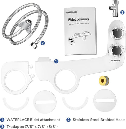 WATERLACE Ultra-Slim Bidet Attachment for Toilet - Dual Nozzle, Rear & Feminine Wash, Self-Cleaning, Adjustable Cold Water Pressure, Non-Electric Bidet Toilet Seat for Bathroom, Easy Install (Chrome)