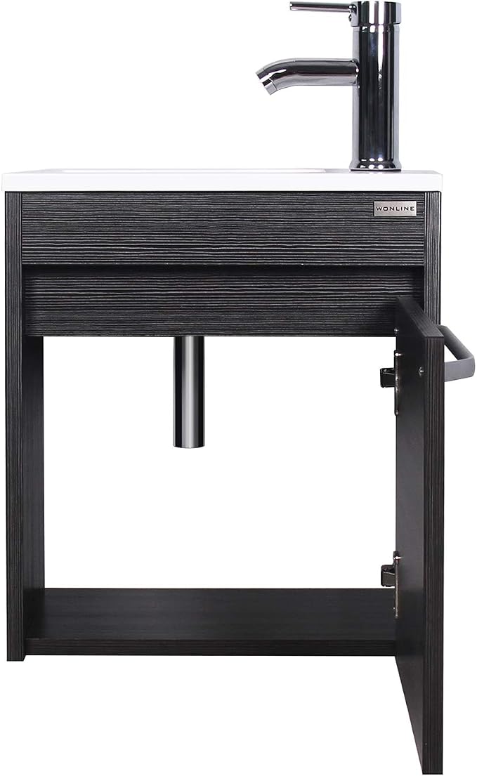 wonline 16” Bathroom Vanity Sink Combo for Small Space Black Wall Mounted Cabinet Set Design White Resin Basin Sink Top Chrome Faucet