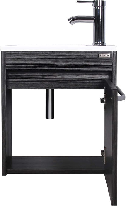 wonline 16” Bathroom Vanity Sink Combo for Small Space Black Wall Mounted Cabinet Set Design White Resin Basin Sink Top Chrome Faucet