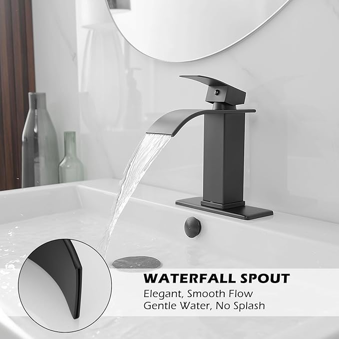 BWE Matte Black Bathroom Faucet Modern Waterfall Single Hole Faucet for Bathroom Sink Single Handle with Pop Up Drain with Overflow Assembly and Supply Line Lavatory Bath Faucet