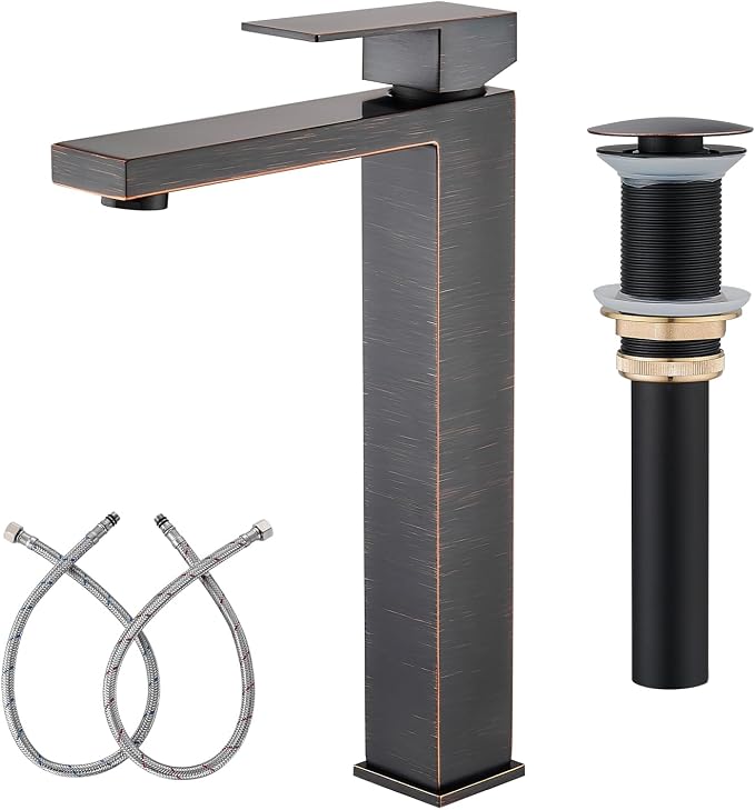 Vessel Sink Faucet, Oil Rubbed Bronze 1 Hole Single Handle Tall Bathroom Vanity Faucets, Modern Utility Rv Laundry Bath Restroom Mixer Tap with Metal Pop Up Drain and 2 Water Supply Lines