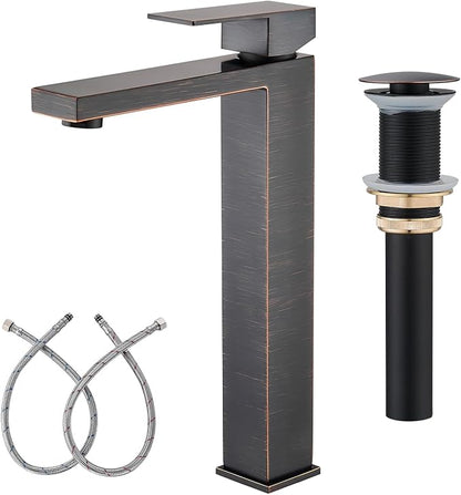 Vessel Sink Faucet, Oil Rubbed Bronze 1 Hole Single Handle Tall Bathroom Vanity Faucets, Modern Utility Rv Laundry Bath Restroom Mixer Tap with Metal Pop Up Drain and 2 Water Supply Lines