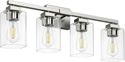27” Bathroom Light Fixtures,4-Light Vanity Light Brushed Nickel | Square Clear Glass & Durable Metal, Quick & Easy Installation, Standard E26 Socket, Bright Bathroom Lighting