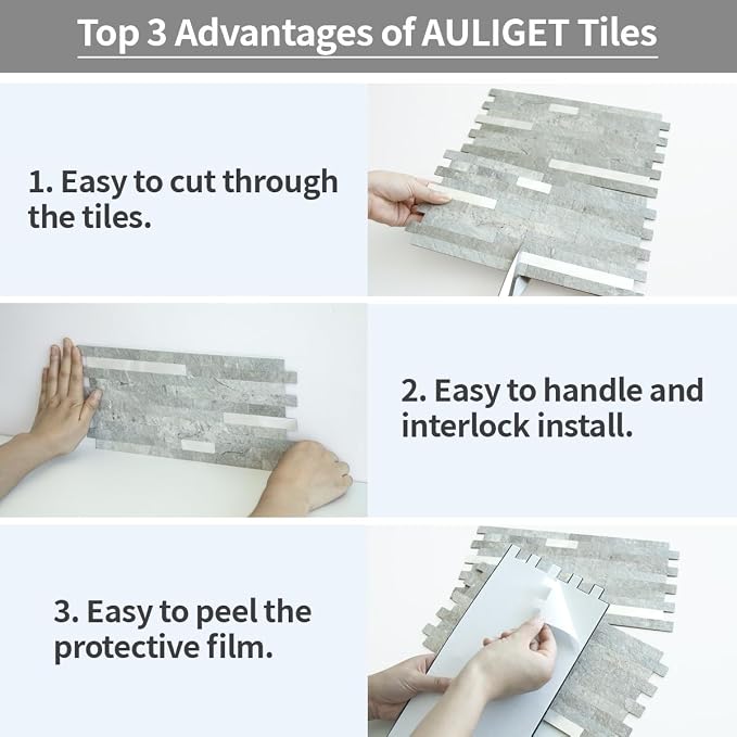 AULIGET 2 Sheets Mountain Rock Peel and Stick Backsplash, PVC Mixed Metal Gold Wall Tile Stick on Backsplash for Kitchen and Bathroom