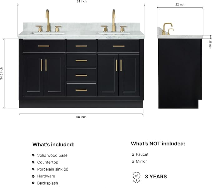 ARIEL Hepburn 60-inch Bathroom Vanity with Sink,Solid Wood, 1.5-inch Italian Carrara Marble Countertop, Double Rectangular Porcelain Sink, 4 Soft Closing Doors, 6 Dovetail Drawers, Black