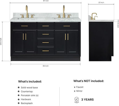 ARIEL Hepburn 60-inch Bathroom Vanity with Sink,Solid Wood, 1.5-inch Italian Carrara Marble Countertop, Double Rectangular Porcelain Sink, 4 Soft Closing Doors, 6 Dovetail Drawers, Black