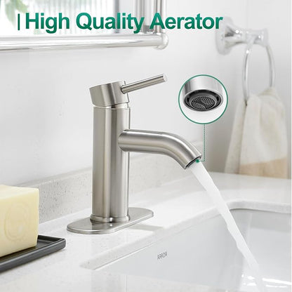 Bathroom Faucet Brushed Nickel Modern Single Hole Bathroom Sink Faucet with Single Handle Suitable for 1 or 3 Holes,Supply Deck Plate and Hose