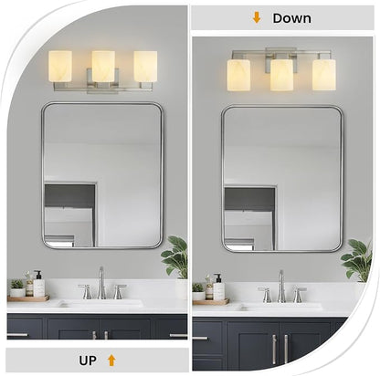 3-Light Square Bathroom Light Fixture, Brushed Nickel Modern Vanity Light with White Marble Glass Shade, for Bathroom Mirror, Living Room, Bedroom, Hallway, E26 Base