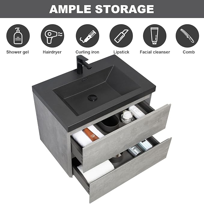 Wall Mounted 30 Inch Bathroom Vanity with Sink, Floating Vanity Bathroom, Single Sink Bathroom Vanity, 2 Drawers, Resin Integrated Sink (Dark Birch)