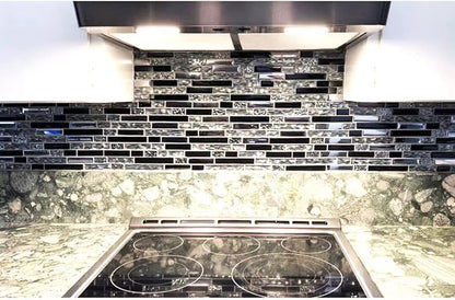 Glass Metal Tiles Art Mosaic Silk Black Crystal Glass Chrome Silver Steel Accent Wall Border Kitchen Bath Backsplash Tile TSTNB12 (5 Square Feet)