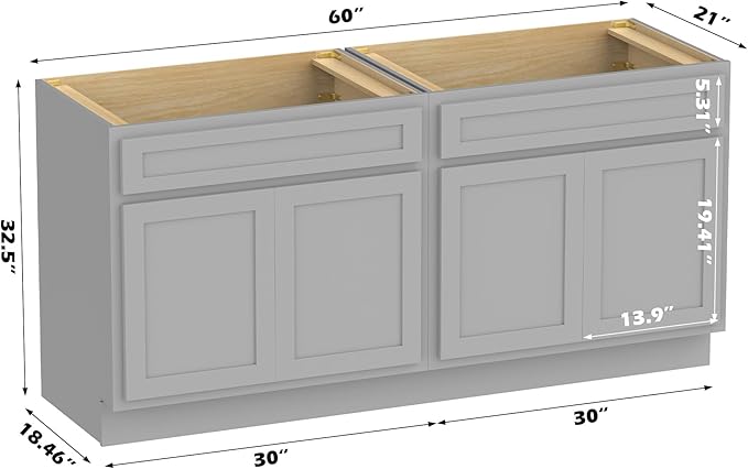 Vanity Art 60 Inch Bathroom Base Cabinet Only, Double Sink Top (Not Include Sink) with Door & Soft Close Hinge, Unassembled Floor Cabinet, Grey, 2ea 30 Inch Combo