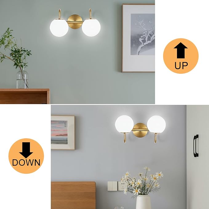 Modern Bathroom Vanity Light Fixtures 2 Lights Brushed Brass Milk White Globe Glass Shade Modern Wall Bar Sconce Lighting Bath Vanity Lights Over Mirror (Exclude G9 Bulb)