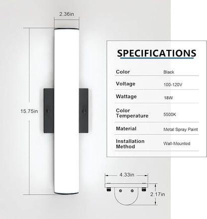 LED 16 Inch Vanity Light Fixture, 18W Dimmable Led Bath Lights, Black Bar Vanity Light for Bathroom Mirror - Wall Mount Vanity Lighting