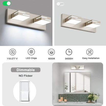 LED Modern Bathroom Vanity Light Fixtures, Dimmable Brushed Nickel Vanity Lights for Bathroom Lighting Fixtures Over Mirror, with 360° Rotatable Acrylic Heads 2-Light 16-inch (Cool White 6000K)