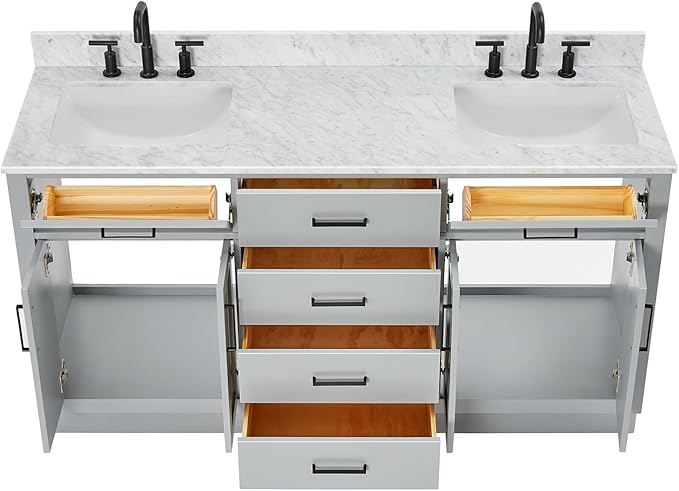ARIEL Hepburn 66-inch Bathroom Vanity with Sink,Solid Wood, 0.75-inch Italian Carrara Marble Countertop, Double Rectangular Porcelain Sink, 4 Soft Closing Doors, 6 Dovetail Drawers, Grey