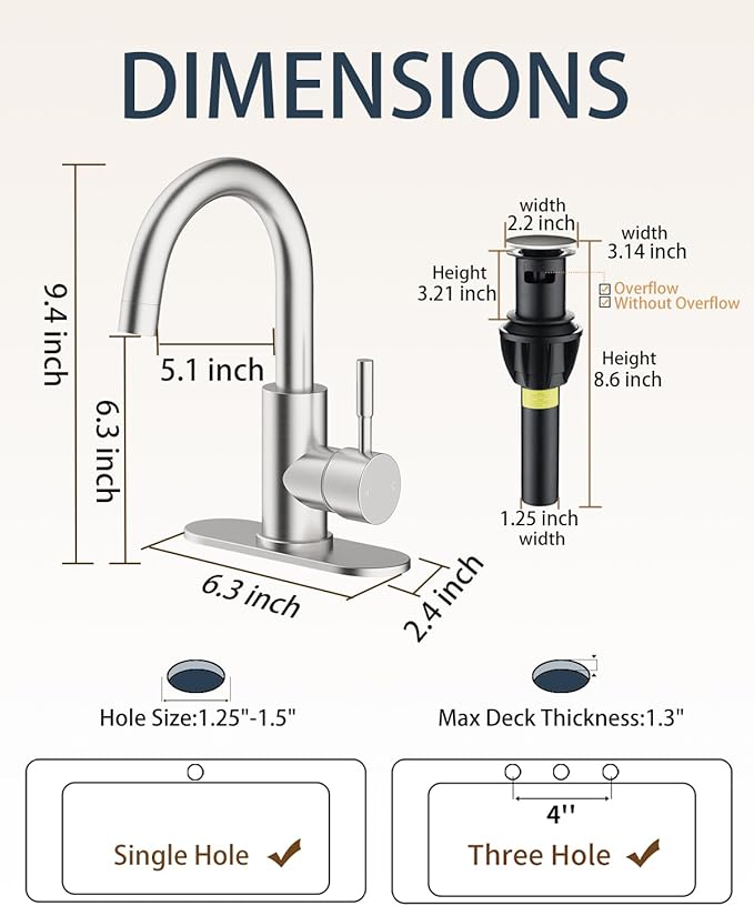 Bathroom Faucets, Bar Sink Faucet Single Hole for Bathroom Kitchen Campers with Pop-Up Drain Hose, Suitable for Farmhouse Vanity Lavatory
