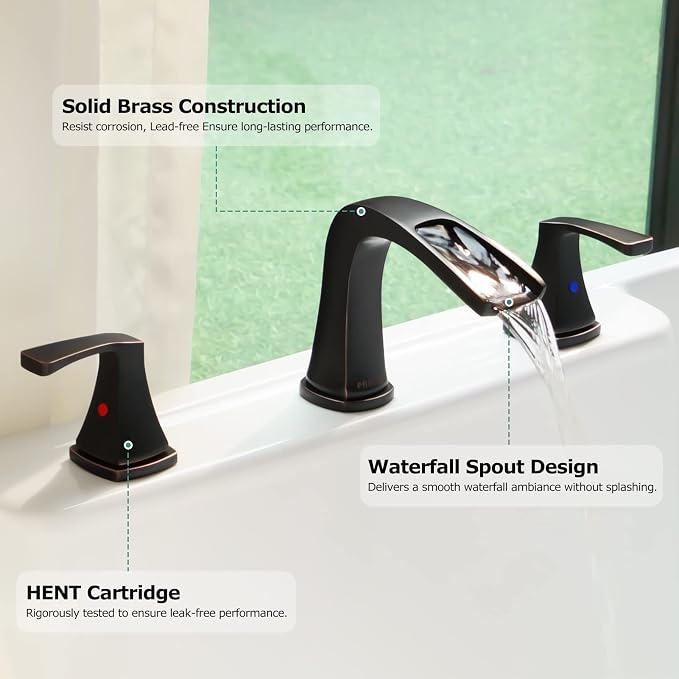 Waterfall 2 Handle Widespread Roman Tub Faucet Oil Rubbed Bronze | 3 Hole Deck Mount Bathtub Filler with Valve & Supply Lines