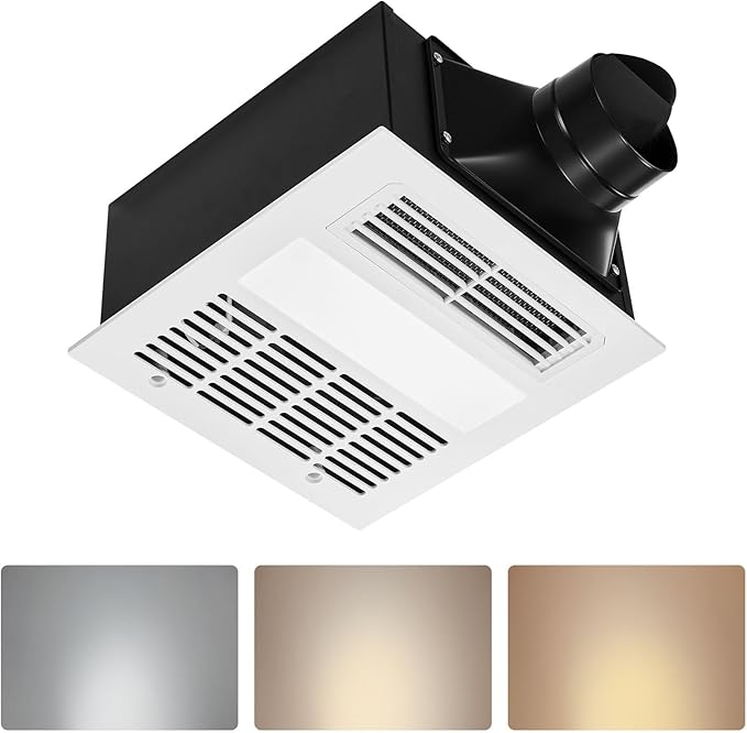 VEVOR Bathroom Exhaust Fan with Light and Heater, 80-90-110 CFM 1500W Bathroom Vent, 1.5 Sones Low-Noise, Premium DC Motor Ceiling Fan for Laundry Room, Storage Room, Home Ventilation, White