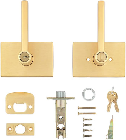 Kwikset Halifax Entry Door Handle with Lock and Key, Secure Keyed Reversible Lever Exterior, Rectangle Front Entrance and Bedrooms, Satin Brass, Pick Resistant Smartkey Rekey Security and Microban