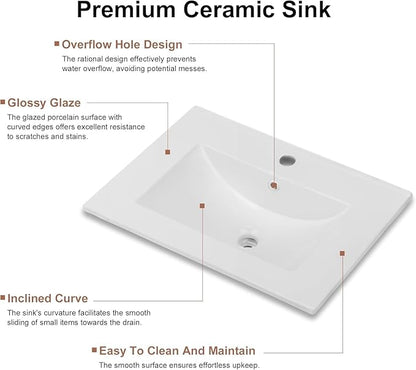 OLD CAPTAIN Bathroom Vanity with Ceramic Sink, Wooden Double Door Bathroom Storage Vanity with 24 Inch, Milky White Finish