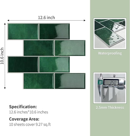10-Sheet Thick Peel and Stick Kitchen Backsplash Tiles | 3D Subway Waterproof Self-Adhesive Wall Tile Stick on Backsplash for Kitchen and Bathroom(Dark Green,12.6"×10.6")