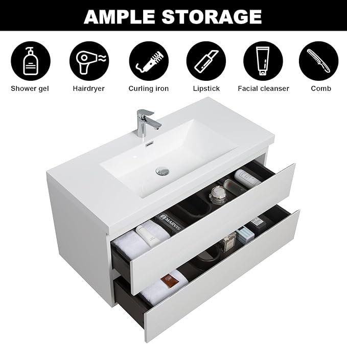Wall Mounted 42 Inch Bathroom Vanity with Sink, Floating Vanity Bathroom, Single Sink Bathroom Vanity, 2 Drawers, Resin Integrated Sink (Glossy White)