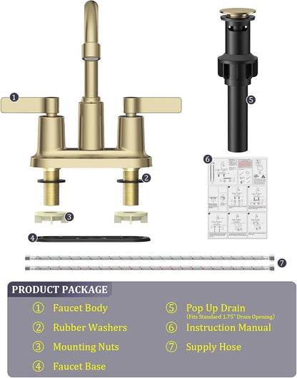 Brushed Gold Bathroom Sink Faucet 3 Hole 4 Inch Centerset Bathroom Faucets | Faucet for Bathroom Sink with Pop Up Drain and 2 Supply Hoses 2 Handle Bathroom Faucet for Sink Vanity RV Evolvegoods