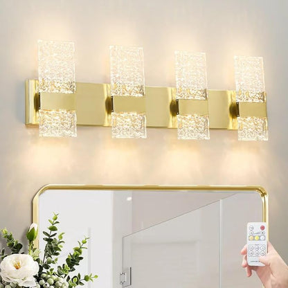 Modern Brushed Gold 8-Lights Bathroom Vanity Light, Eleglant Brass LED Bathroom Light Fixtures over Mirror, Dimmable Acrylic Shade Wall Lighting Fixtures, Hardwired Wall Light(H9.25in, L28.35in)