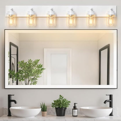 IZORRO Bathroom Vanity Light Fixture, 6-Light 46 Inch White Bathroom Light Fixtures Over Mirror, with Clear Glass Shade, Modern Farmhouse Vanity Lights, Rustic Restroom Lighting Fixtures