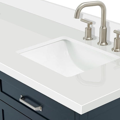 ARIEL Monroe 72-inch Bathroom Vanity with Sink,Solid Wood, 1.5-inch Pure White Quartz Countertop & Backsplash, Double Oval Porcelain Sink, 9 Dovetail Drawers, Brushed Nickel, Midnight Blue