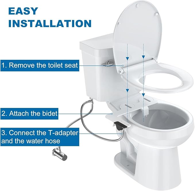Bidet Attachment for Toilet Seat, Non Electric, Dual Self-Cleaning Nozzles for Front and Rear Wash, Adjustable Cold Water Pressure, Easy Installation, Global Fit, EB012 Three-Function Single