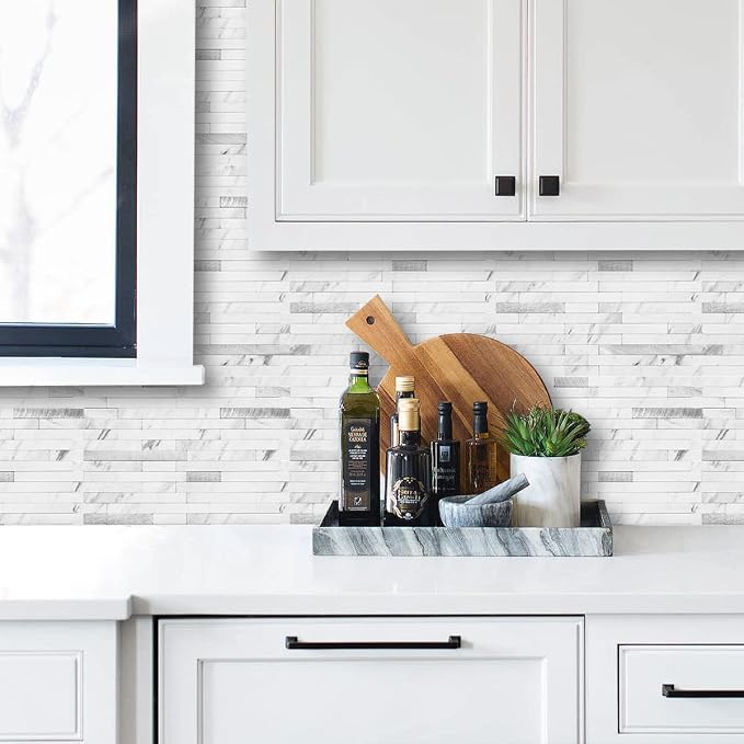 AULIGET Faux White Stone Peel and Stick Backsplash, 2 PVC Mixed Metal Wall Tiles Stick on Backsplash