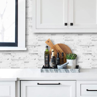 AULIGET Faux White Stone Peel and Stick Backsplash, 2 PVC Mixed Metal Wall Tiles Stick on Backsplash