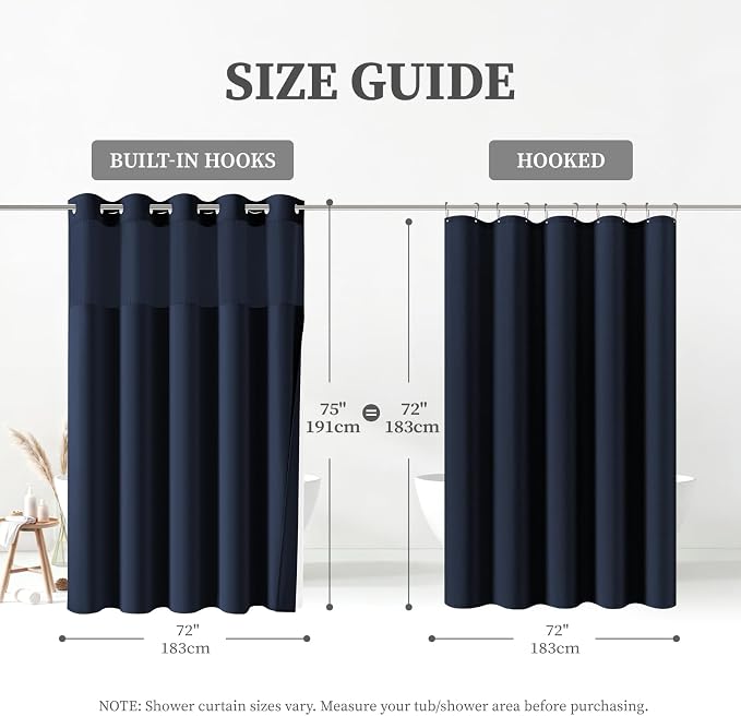 Navy Blue Ringless Linen Look Shower Curtain with Snap in Liner, 72x75 | 3 in 1 Hotel Shower Curtain Set, Removable Liner, Waterproof & Washable, Mesh Top Window, Durable Fabric, Easy to Install
