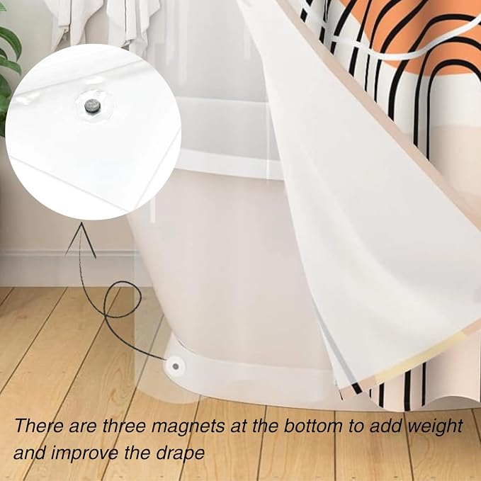 3 in 1 Shower Curtain Set, Boho Mid Century Modern, Orange | 72x72 Inches Polyester Bath Curtain with Magnetic PEVA Liner and 12 Double Sided Stainless Steel Hooks