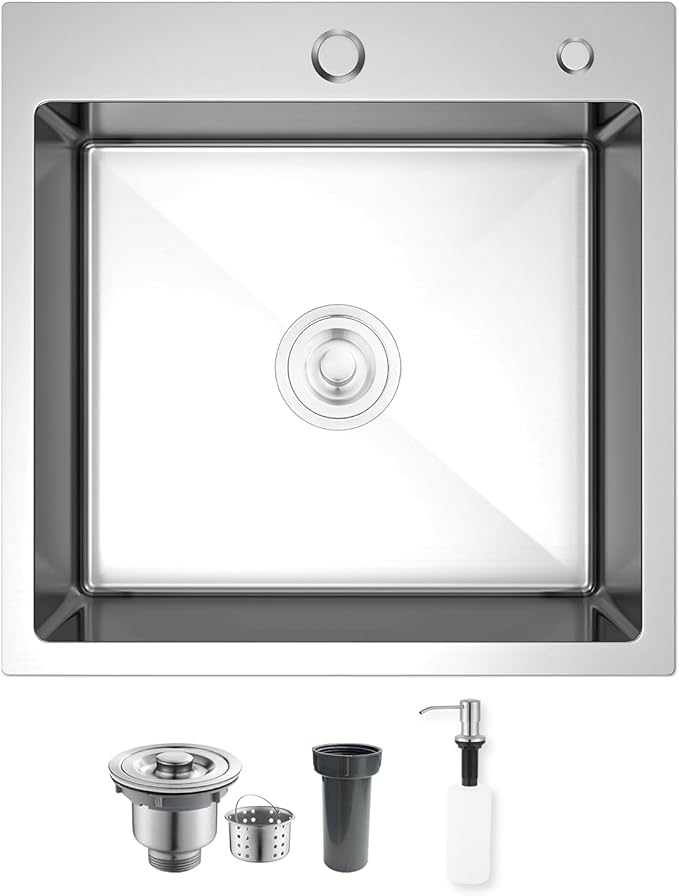 15 inch Drop In Bar Sink, 15x15" Single Bowl Topmount Stainless Steel Handmade 16 Gauge Top Counter for Wet Bar RV Outdoor Small Kitchen Sink Basin Silvery