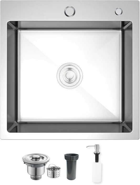 15 inch Drop In Bar Sink, 15x15" Single Bowl Topmount Stainless Steel Handmade 16 Gauge Top Counter for Wet Bar RV Outdoor Small Kitchen Sink Basin Silvery