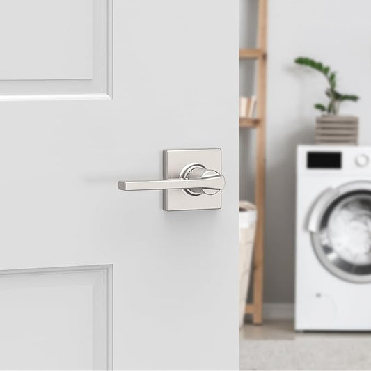 Kwikset Casey Interior Passage Door Handle, Lever For Closet and Hallway Doors, Reversible Non-Locking Handle Lever, Satin Nickel , with Microban Protection