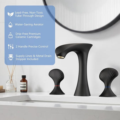 Matte Black Bathroom Faucet 3 Hole, 8 Inch Widespread Bathroom Sink Faucet for Vanity, 2 Handle Bathroom Faucets, Bathroom Vanity Faucet with Pop-Up Drain and Supply Hoses
