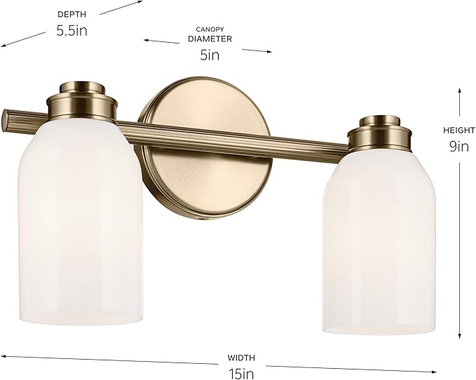 Kichler Shae 15" 2-Light Vanity Light with White Opal Glass in Champagne Bronze, for Bathroom Vanity, Powder Room, Over a Mirror, (15" W x 9" H), 55201CPZ