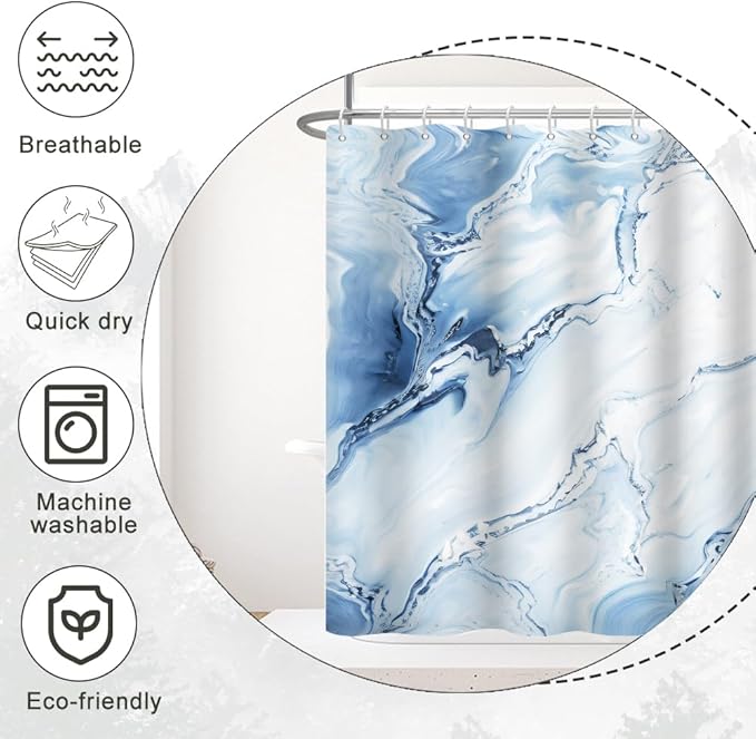 Blue Shower Curtain, Ombre Blue Marble Shower Curtain for Bathroom Modern Aesthetic Waterproof Shower Curtain Set with Hooks, 60x72 Inch