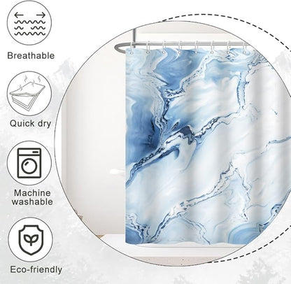 Blue Shower Curtain, Ombre Blue Marble Shower Curtain for Bathroom Modern Aesthetic Waterproof Shower Curtain Set with Hooks, 72x72 Inch