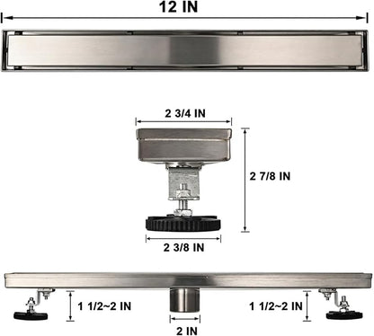 Linear Shower Floor Drain, 12 Inch Brushed Nickel 304 Stainless Steel Bathroom Drains Kit, Rectangular Shower Trench Drain with Reversable Tile-in Pattern Drain Cover & Hair Catcher