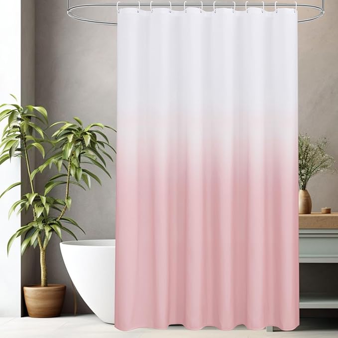 AooHome Fabric Shower Curtains, Cloth Ombre Pink Shower Curtain Sets, Washable Fabric Pink and White Shower Curtain, Rustic Farmhouse Bathroom Shower Curtains, 72x72 Inches