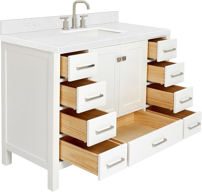 DKB Beckford 48-Inch Bathroom Vanity with Sink — White Single Sink Bathroom Vanity, 1.5" Edge Carrara White Quartz Countertop, Solid Wood, 2 Soft-Close Doors, 9 Dovetail Drawers